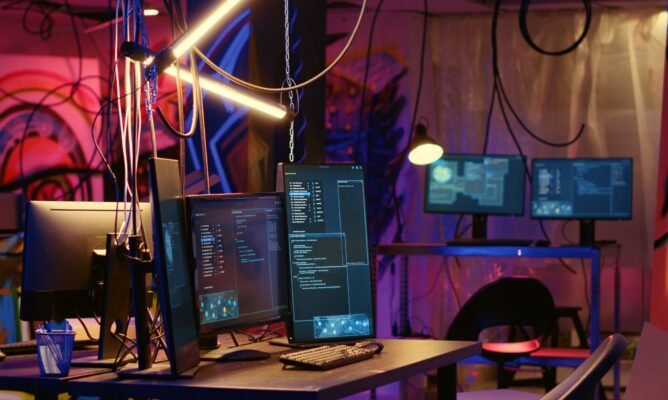 Programming language on PC screens in empty messy hackers base of operations with grunge graffiti drawings sprayed on walls. Neon lit ghetto hideout used by criminals to commit illegal activities