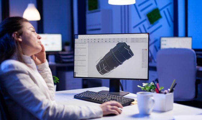 Project designer engineer analizing concept idea of 3D model of the plant yawning working overtime. Industrial woman worker studying turbine idea on pc showing cad software on device display